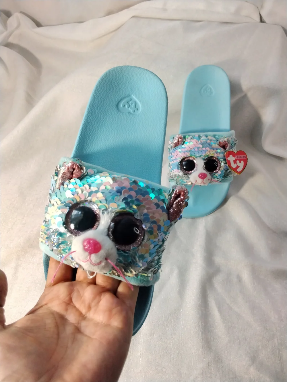 Ty Light Blue Sequin Bear Kids Slide Sandals